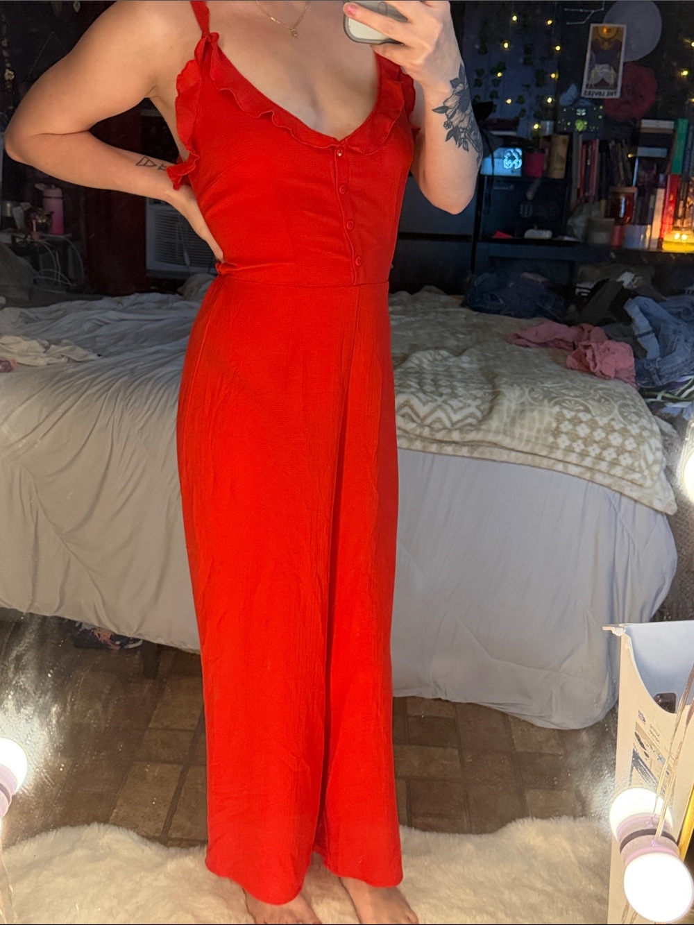 H&M Red Sleeveless Ruffle-Trim Jumpsuit